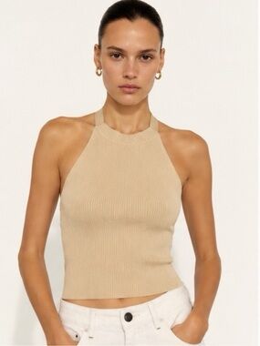Zara Neutral Ribbed Knit Halter Tank Clean Girl Coastal Chic Top